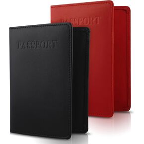 2 Pack Passport and Vaccine Card Holder Combo, Genuine Leather Passport Holder with Vaccine Card Slot, Classic Plain Leather Passport Cover Case Wallet For Women Men and Family (Red - Black)