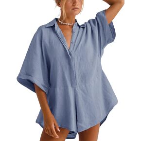 Women One Piece Jumpsuit V-Neck Half Button Collared Rompers Short Sleeve Onesie Playsuit Loose Overalls for Summer