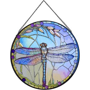 Dragonfly and Flower Suncatcher Stained Glass,Hanging Stained Glass Suncatcher for Windows,20cm/7.87inch Hand-Painted Sun Catcher Garden Hangings Halloween Fall Christmas Decor for Home