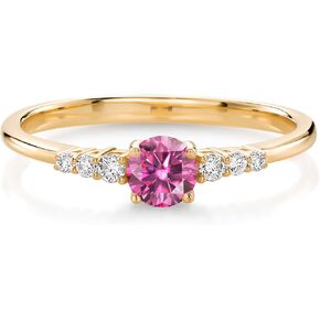 Gem Stone King 10K Yellow Gold Pink Moissanite and White Lab Grown Diamond Engagement Ring | 0.32 Cttw | Round 4MM | Wedding Anniversary Promise Ring For Women | Available In Size 5, 6, 7, 8, 9