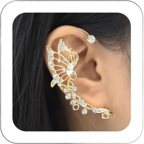 2Pcs Glitter Rhinestone Butterfly Ear Cuff Vintage Non-Piercing Fake Earrings Bridal Wedding Climber Ear Wrap Prom Ball Ear Jewelry for Women Girls