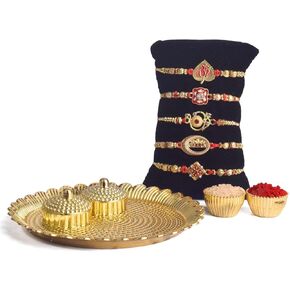 SATVIK 5 Pc Rakhi for Brother Bhaiya Traditional Handmad Assorted with Puja Plate, Roli Chawal, Greeting Card & Soun Stickers