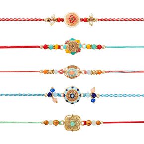 Rakhi for Brother - Set of 5 With Greeting Card, Multi Color Rakhi with Traditional Indian Rakhi For Raksha Bandhan Designer Rakhi Thread for Bhaiya Design04-2024