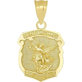 14K Yellow, White, Rose, or Two Tone Gold Saint Michael the Archangel Protect Us Shield Medal Necklace Pendant Charm
