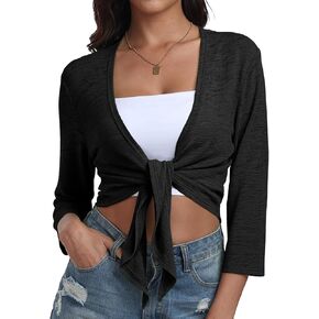 PrinStory Women's Tie Front Shrug 3/4 Sleeve Bolero Cardigan Lightweight Summer Casual Short Shawl Top