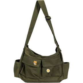 Vintage Canvas Crossbody Messenger Bag with Multiple Pockets and Hook-and-loop Closure, Ideal for School