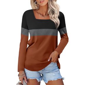 Women's Long Sleeve Shirts Square Neck Tunic Tops Dressy Casual Basic Tees Blouse Loose Fit
