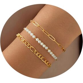 GolbalJew Dainty Bracelets for Women Stackable Link Chain Bracelet 18k Gold Plated Bracelets Adjustable Set for Women