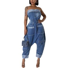 Denim Jumpsuit for Women, Strapless Casual Cargo Multi Pockets Loose Baggy Wide Leg Patchwork Jean Rompers 2024