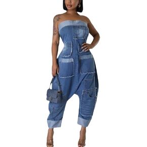 LETSVDO Womens Strapless Denim Jumpsuit Wide Leg Off Shoulder Cargo Patchwork Sleeveless Loose Tube Jean Romper Overalls