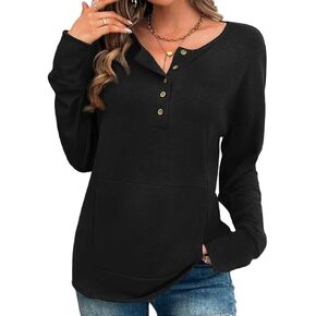 CiCiBird Women Casual Long Sleeve Henley Tops Fall Crewneck Button Pullover Ribbed Knit Tunic Shirts with Pocket