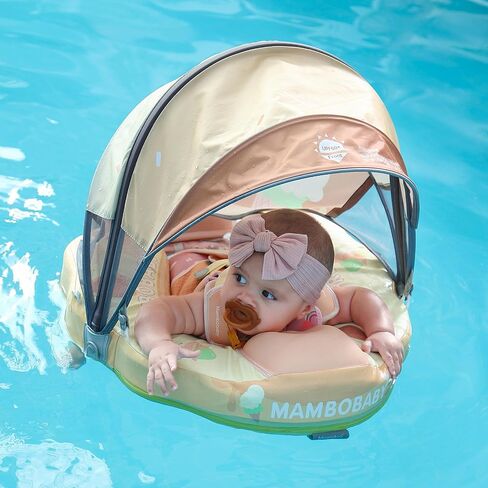 Mambobaby Float Add Tail Baby/Infant Swim Float with Canopy, Non-Inflatable Solid Upgrade Soft Waterproof Skin-Friendly Leather Material (Deluxe Edition) in Kuwait