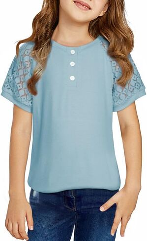 Girls Fashion Lace Short Sleeve Shirts Casual Button Crewneck Blouses Tops 6-15 Years in Saudi Arabia