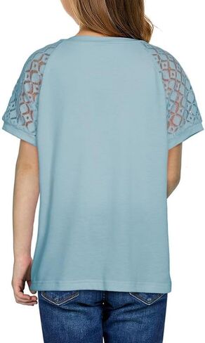 Girls Fashion Lace Short Sleeve Shirts Casual Button Crewneck Blouses Tops 6-15 Years in Saudi Arabia