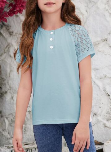 Girls Fashion Lace Short Sleeve Shirts Casual Button Crewneck Blouses Tops 6-15 Years in Saudi Arabia