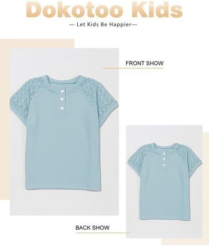 Girls Fashion Lace Short Sleeve Shirts Casual Button Crewneck Blouses Tops 6-15 Years in Saudi Arabia