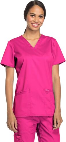 Cherokee Scrub Set For Women Modern Classic Fit 3 Pockets V-Neck Top WW620 with 5 Pockets Moderate Flare Leg Pant WW120, Electric Pink - M Top/M Pant in Saudi Arabia