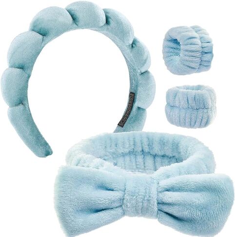 puffy Spa Headbands & Wristband Set,4pack Makeup Headband, Face Wash Headband, Skincare Headbands, Sponge Hair Band Bow Tie Spa Headband for Washing Face Wristband Set Hair Accessories for Women Gifts in Saudi Arabia