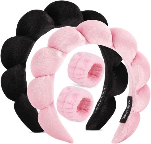 puffy Spa Headbands & Wristband Set,4pack Makeup Headband, Face Wash Headband, Skincare Headbands, Sponge Hair Band Bow Tie Spa Headband for Washing Face Wristband Set Hair Accessories for Women Gifts in Kuwait