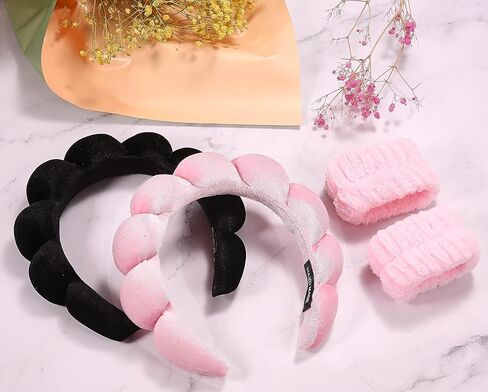 puffy Spa Headbands & Wristband Set,4pack Makeup Headband, Face Wash Headband, Skincare Headbands, Sponge Hair Band Bow Tie Spa Headband for Washing Face Wristband Set Hair Accessories for Women Gifts in Kuwait
