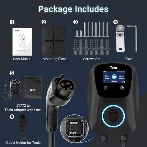 Tera Electric Vehicle Charger Hardwired: for Tesla J1772 EVs ETL Level 2 48 40 Amp 240V Home Charging Station with Manual Setting Amps Schedule on Unit NEMA 14-50 25 FT Cable in Saudi Arabia