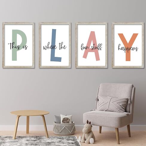 This Is Where The Fun Stuff Happens Kids Playroom Wall Art Decor 16x24 Inch Set Of 4 Rustic Kids Wood Framed Sign Toddler Modren Nursery Interesting Let's Play Prints Wall Hanging (White) in Kuwait