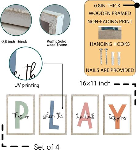This Is Where The Fun Stuff Happens Kids Playroom Wall Art Decor 16x24 Inch Set Of 4 Rustic Kids Wood Framed Sign Toddler Modren Nursery Interesting Let's Play Prints Wall Hanging (White) in Kuwait