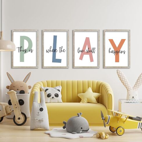 This Is Where The Fun Stuff Happens Kids Playroom Wall Art Decor 16x24 Inch Set Of 4 Rustic Kids Wood Framed Sign Toddler Modren Nursery Interesting Let's Play Prints Wall Hanging (White) in Kuwait