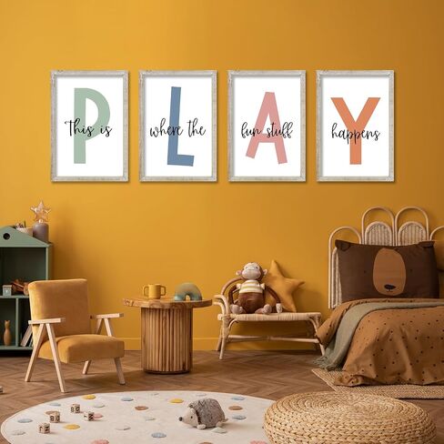 This Is Where The Fun Stuff Happens Kids Playroom Wall Art Decor 16x24 Inch Set Of 4 Rustic Kids Wood Framed Sign Toddler Modren Nursery Interesting Let's Play Prints Wall Hanging (White) in Kuwait