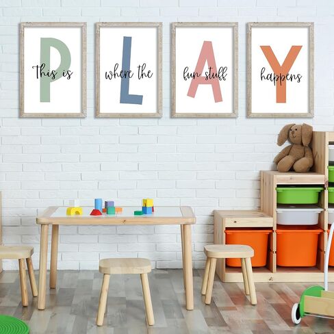 This Is Where The Fun Stuff Happens Kids Playroom Wall Art Decor 16x24 Inch Set Of 4 Rustic Kids Wood Framed Sign Toddler Modren Nursery Interesting Let's Play Prints Wall Hanging (White) in Kuwait