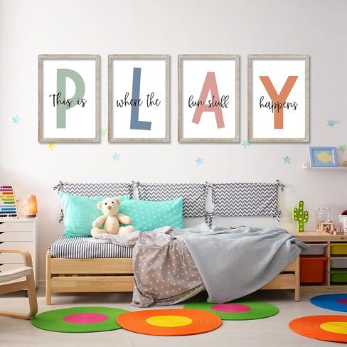 This Is Where The Fun Stuff Happens Kids Playroom Wall Art Decor 16x24 Inch Set Of 4 Rustic Kids Wood Framed Sign Toddler Modren Nursery Interesting Let's Play Prints Wall Hanging (White) in Kuwait