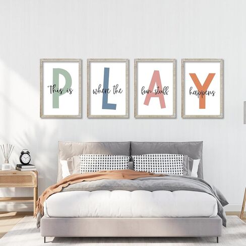 This Is Where The Fun Stuff Happens Kids Playroom Wall Art Decor 16x24 Inch Set Of 4 Rustic Kids Wood Framed Sign Toddler Modren Nursery Interesting Let's Play Prints Wall Hanging (White) in Kuwait