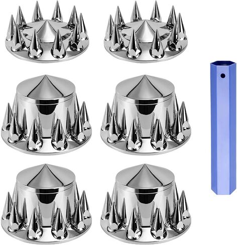 Spiked Wheel Covers for Semi Trucks - 2 Front and 4 Rear Axle Hub Covers with 33mm Thread-On Chrome Lug Nut Covers for Semi Truck (Installation Tool Included) in Saudi Arabia