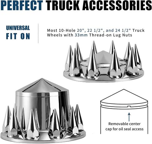 Spiked Wheel Covers for Semi Trucks - 2 Front and 4 Rear Axle Hub Covers with 33mm Thread-On Chrome Lug Nut Covers for Semi Truck (Installation Tool Included) in Saudi Arabia