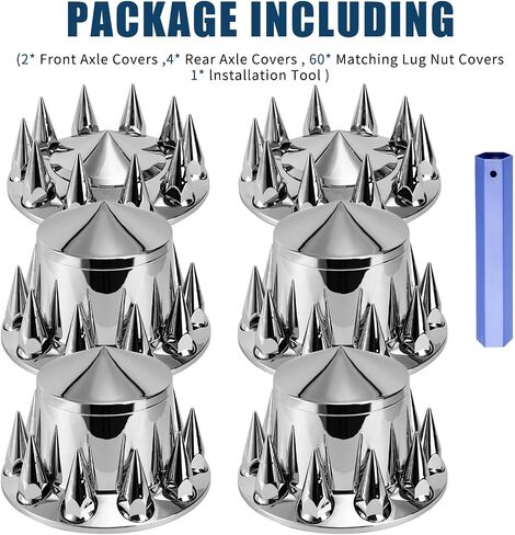 Spiked Wheel Covers for Semi Trucks - 2 Front and 4 Rear Axle Hub Covers with 33mm Thread-On Chrome Lug Nut Covers for Semi Truck (Installation Tool Included) in Saudi Arabia