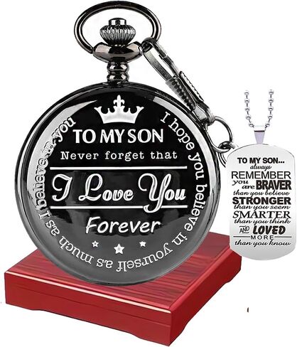إلى My-Son-Pocket-Watch-Gifts for Son أفضل الهدايا له، هدايا عيد ميلاد من الزوجة، هدايا التخرج للرجال، ساعة جيب منقوشة مع صندوق للرجال مع سلسلة قلادة in Saudi Arabia