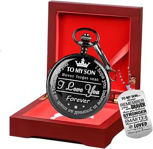 إلى My-Son-Pocket-Watch-Gifts for Son أفضل الهدايا له، هدايا عيد ميلاد من الزوجة، هدايا التخرج للرجال، ساعة جيب منقوشة مع صندوق للرجال مع سلسلة قلادة in Saudi Arabia