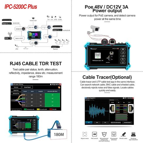 Rsrteng IP Camera Tester, IPC-5200 Plus 8MP AHD CVI TVI SDI CVBS IP Camera Test 4K HD Display Video Monitor 5inch IPS Touch Screen IPC Tester Support POE PTZ RS485 HDMI & VGA Input DC12V Output in Saudi Arabia