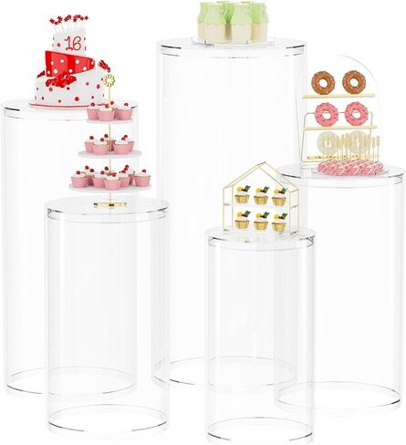 Round Cylinder Stands for Party Set of 5 Large White Cylinder Tables, Pedestal Display Plinth Pillars Dessert Table with 5PCS Cake Stand for Wedding Ceremony Birthday Art Decor in Saudi Arabia