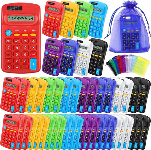 Aodaer 48 Pieces Back to School Pocket Size Calculator with Drawstring Bags Back to School 8 Digit Display Basic Calculator Mini Calculator Bulk for School Students Desktop Home Office, 8 Colors in Saudi Arabia