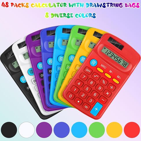 Aodaer 48 Pieces Back to School Pocket Size Calculator with Drawstring Bags Back to School 8 Digit Display Basic Calculator Mini Calculator Bulk for School Students Desktop Home Office, 8 Colors in Saudi Arabia