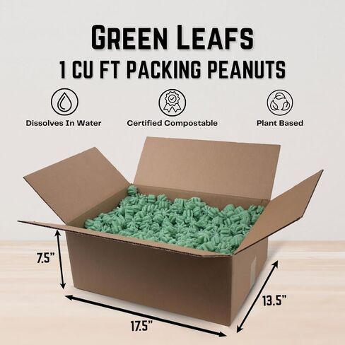 Magicwater Supply - 1 Cu Ft - Green Leaf Shaped Recycled Anti Static Packing Peanuts - Compostable & Biodegradable Cushion for Shipping - Dust-Free & Abrasion Resistant - Void Filler in Saudi Arabia