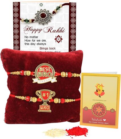 TIED RIBBONS Rakhi for Brothers Set of 2 with Rakhi Card and Roli Chawal - Raksha bandhan Rakhi Thread Designer Rakhi for Brother Bhai Rakhi Set of 2 Bro Rakhi Set for Brothers in Saudi Arabia