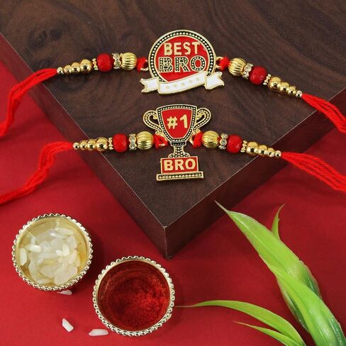 TIED RIBBONS Rakhi for Brothers Set of 2 with Rakhi Card and Roli Chawal - Raksha bandhan Rakhi Thread Designer Rakhi for Brother Bhai Rakhi Set of 2 Bro Rakhi Set for Brothers in Saudi Arabia