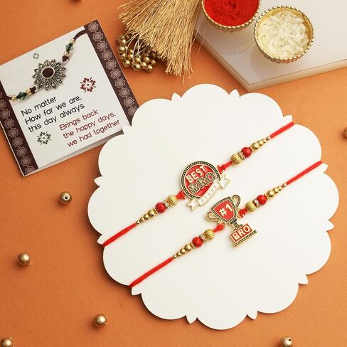 TIED RIBBONS Rakhi for Brothers Set of 2 with Rakhi Card and Roli Chawal - Raksha bandhan Rakhi Thread Designer Rakhi for Brother Bhai Rakhi Set of 2 Bro Rakhi Set for Brothers in Saudi Arabia