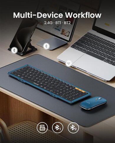 Foldable Keyboard and Mouse, ProtoArc XKM01 Folding Bluetooth Keyboard Mouse Combo for Business and Travel, 2.4G+Dual Bluetooth Full-Size Portable Keyboard for Laptop iPad Tablets - White Silver in Saudi Arabia