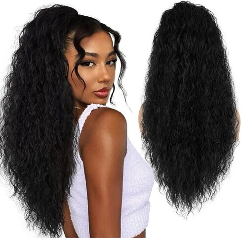 Long Black Ponytail Extension 20inch UAmy hair Long Curly Drawstring Ponytail for Women Synthetic Curly Wavy Drawstring Pony Tail with Clip in for Daily Use in Saudi Arabia