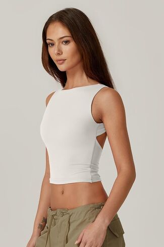 QINSEN Women's Sexy Open Back Sleeveless Crop Tank High Neck Slim Fit Cropped Tee Shirt Y2k Tops in Saudi Arabia