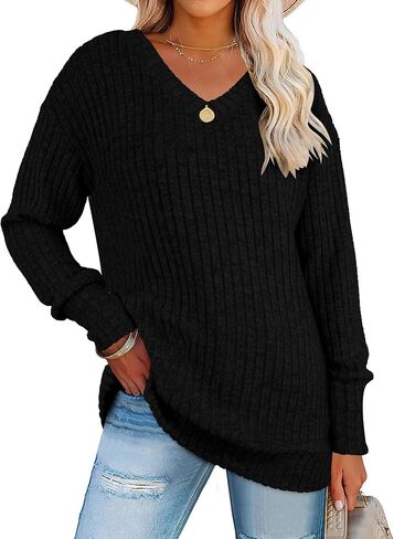 ANRABESS Womens V Neck Sweaters Long Sleeve Shirts Loose Fit Casual 2024 Fall Fashion Lightweight Pullover Tunic Tops in Saudi Arabia
