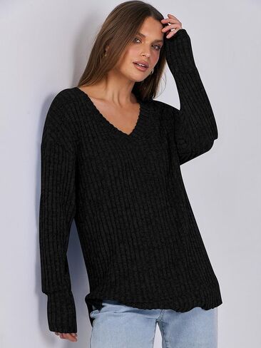 ANRABESS Womens V Neck Sweaters Long Sleeve Shirts Loose Fit Casual 2024 Fall Fashion Lightweight Pullover Tunic Tops in Saudi Arabia